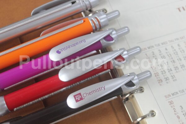 logo imprint on clip pull out pens